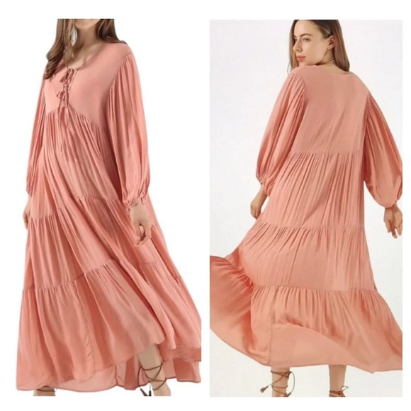Young Fabulous & Broke Dresses & Skirts - Young Fabulous & Broke Dawn Coral Tiered Oversized Midi Dress Medium